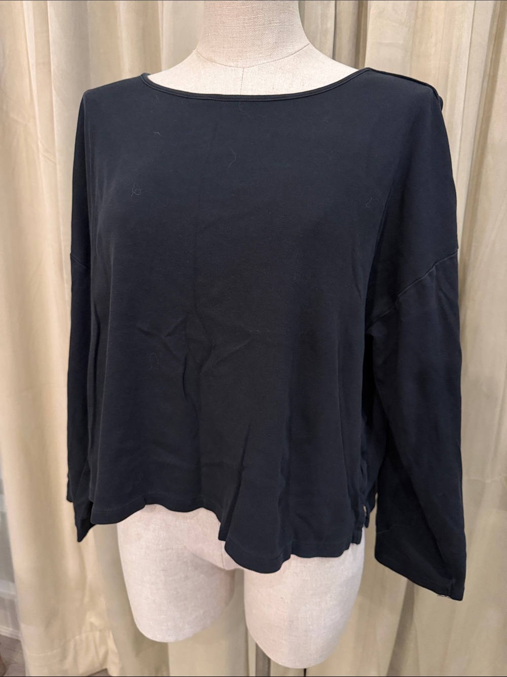 Eileen Fisher XL Black Women's Long Sleeve Boatneck Top cropped organic cotton